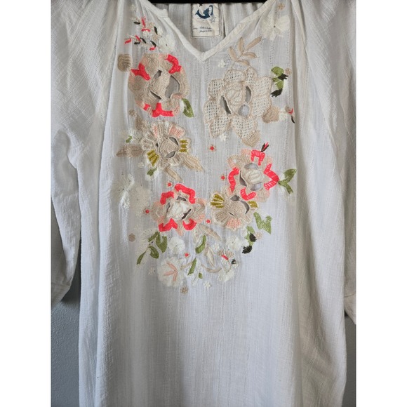 White Embroidered Peasant Blouse | Boho Floral Tunic Top Size Medium - Picture 5 of 10